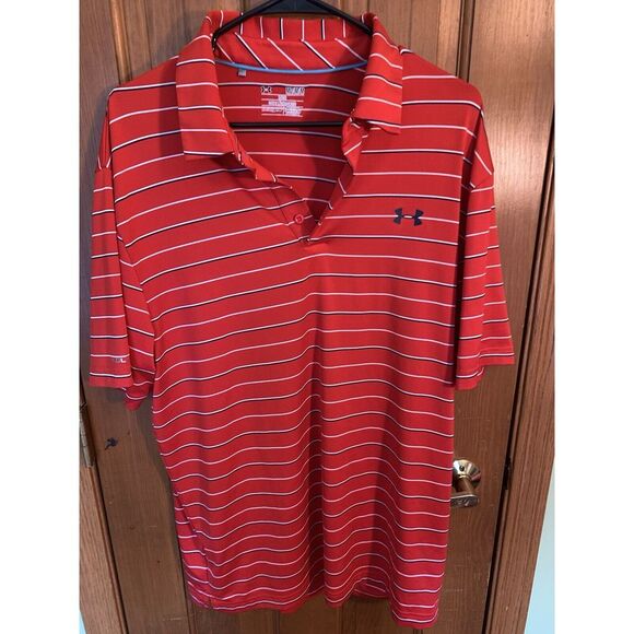 Under Armour Men's Coldblack Heat Gear Optic Stripe Polo Shirt Size Medium Red‎ - Picture 1 of 10